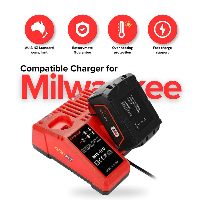 12V - 18V Battery Charger for Milwaukee M12 - 18C Multi Voltage Rapid Dual M12 & M18 - Battery Mate