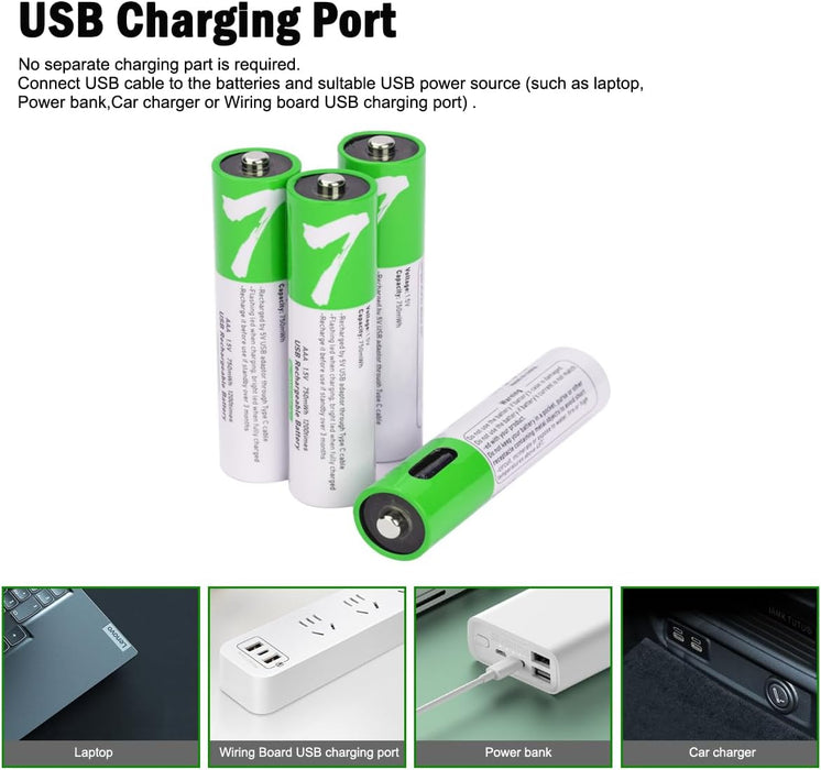 [2 Pack] USB AAA Lithium ion Rechargeable Battery, 1.5V 750mWh Rechargeable AAA Battery - Battery Mate