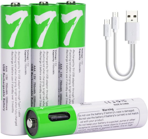 [4 Pack] USB AAA Lithium ion Rechargeable Battery, 1.5V 750mWh Rechargeable AAA Battery - Battery Mate