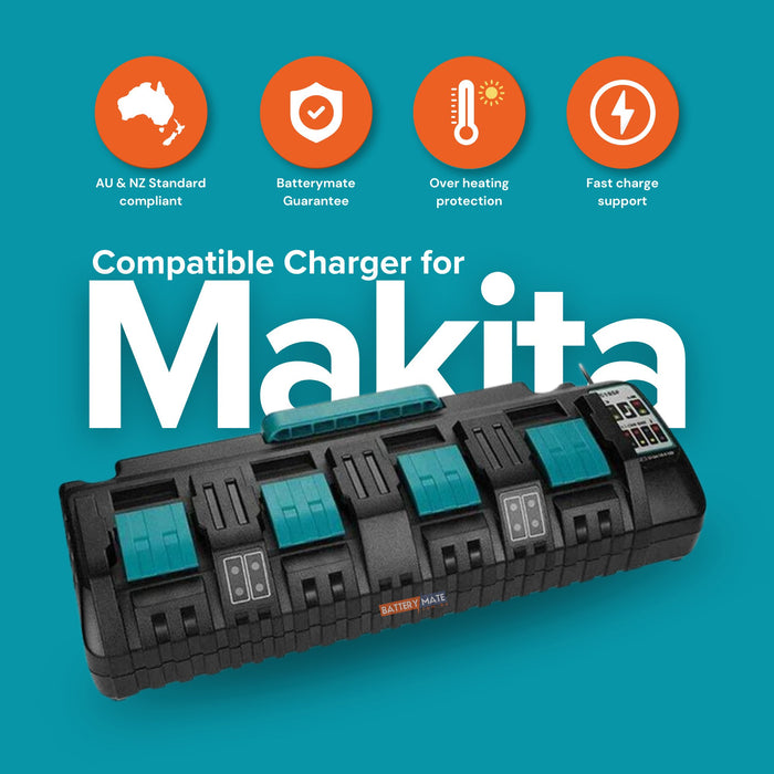 4 Port 18V Rapid Charger DC18SF for Makita 14.4V - 18V Battery | BL1830 BL1840 BL1850 BL1860 BL1815 BL1430 DC18RD DC18RA etc - Battery Mate