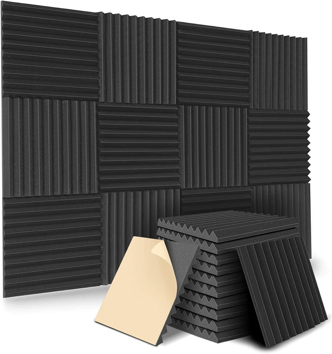 48 Pack| Self Adhesive Studio Acoustic Foam Sound Proofing Panel Strong Absorption (30cm x 30cm x 5cm) - Battery Mate