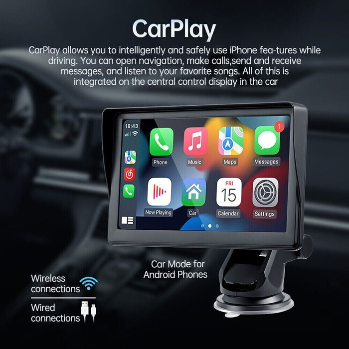 7" Portable Wireless Apple Carplay Android Auto Car Stereo Radio Bluetooth + CAM - Battery Mate