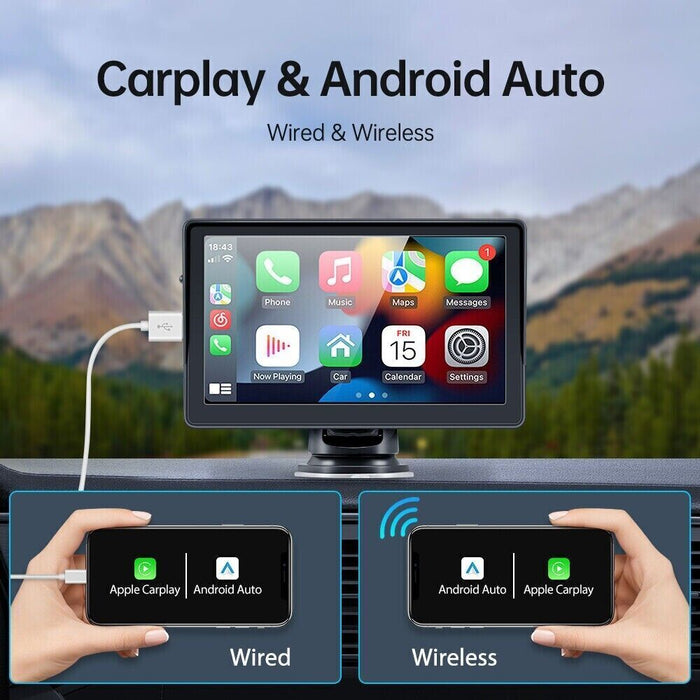 7" Portable Wireless Apple Carplay Android Auto Car Stereo Radio Bluetooth + CAM - Battery Mate