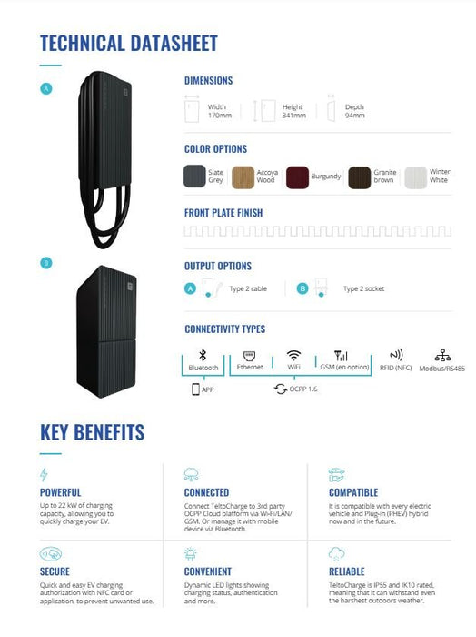 Teltonika TeltoCharge EV Car Charger for HomeTeltonika Charging Dock 22 Kw 3 Phases | Slate Grey - Battery Mate