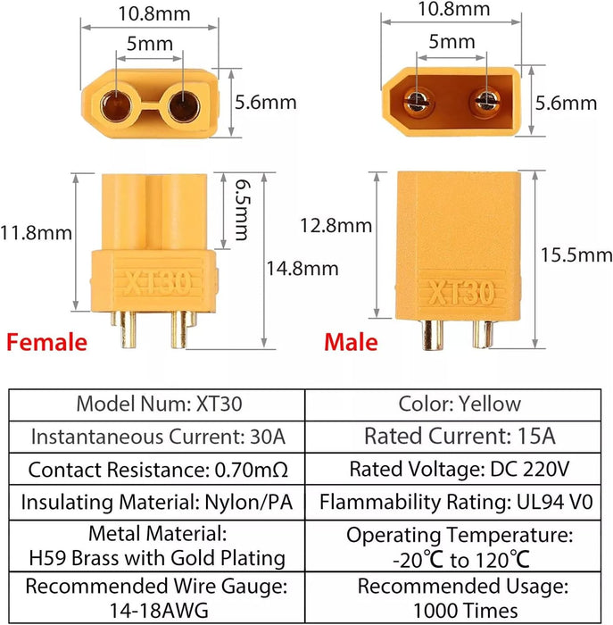 10 pairs XT30 Male Female Bullet Connector Plug For Lipo Battery - Battery Mate