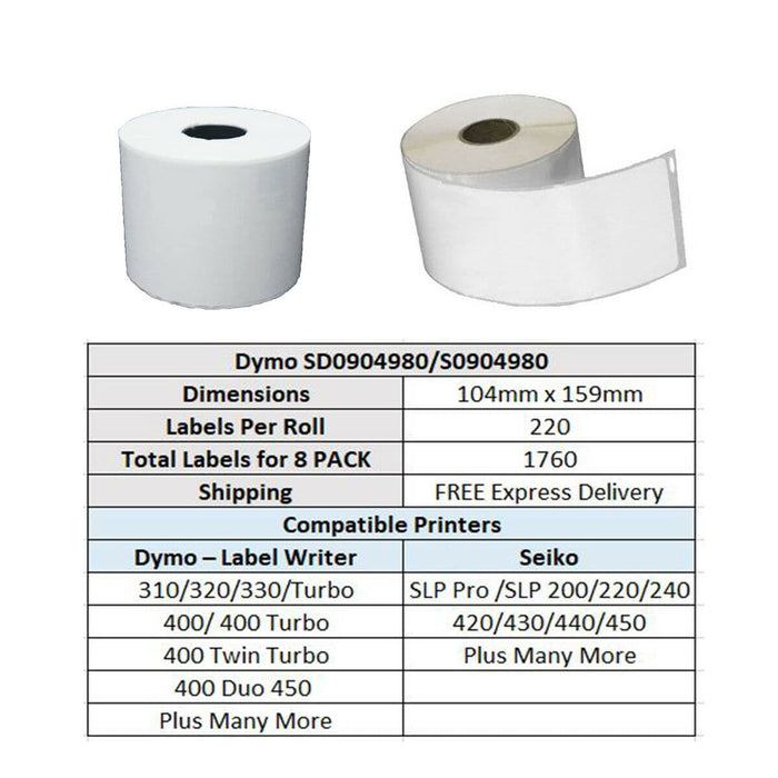 10 Rolls | SD0904980 Compatible Dymo 4XL S0904980 Shipping Labels 104mm x 159mm - Battery Mate