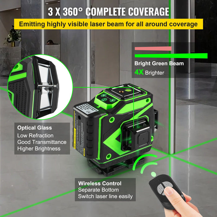 12 Lines Green Laser Level Self Leveling 3x360° Cross Line - Battery Mate