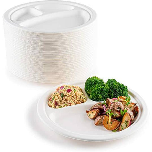 125 Pack | 3 Compartment Plates Heavy Duty & Biodegradable - Battery Mate