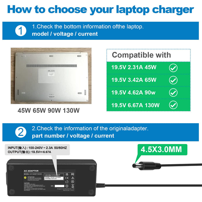 130W Power AC Adapter Charger For Dell XPS 15 7590 4.5x3.0mm Inspiron - Battery Mate