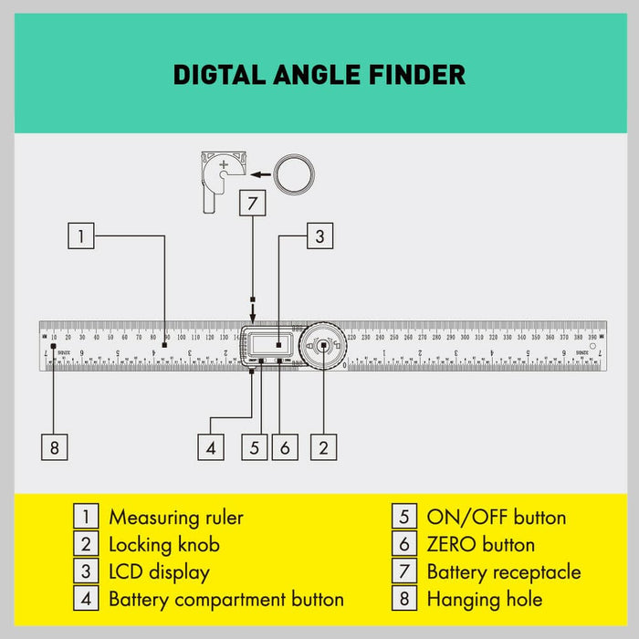 200mm Digital Angle Finder Ruler Protractor Measure Meter Stainless Steel 0-360° - Battery Mate