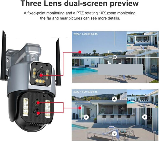 4MP Wifi Camera Three Dual Lens 10X Zoom Security Protection Video Surveillance Auto Tracking - Battery Mate