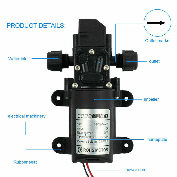 70W Water Pump 6L/Min 12V 130PSI High Pressure Self-Priming Caravan Camping Boat - Battery Mate