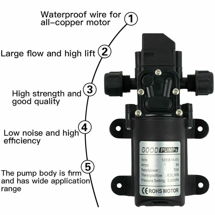 70W Water Pump 6L/Min 12V 130PSI High Pressure Self-Priming Caravan Camping Boat - Battery Mate