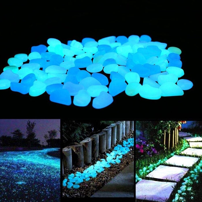 Blue Pebbles Stone Glow in the Dark Rock Fish Tank Stones Garden Road Deck (100 stones) - Battery Mate