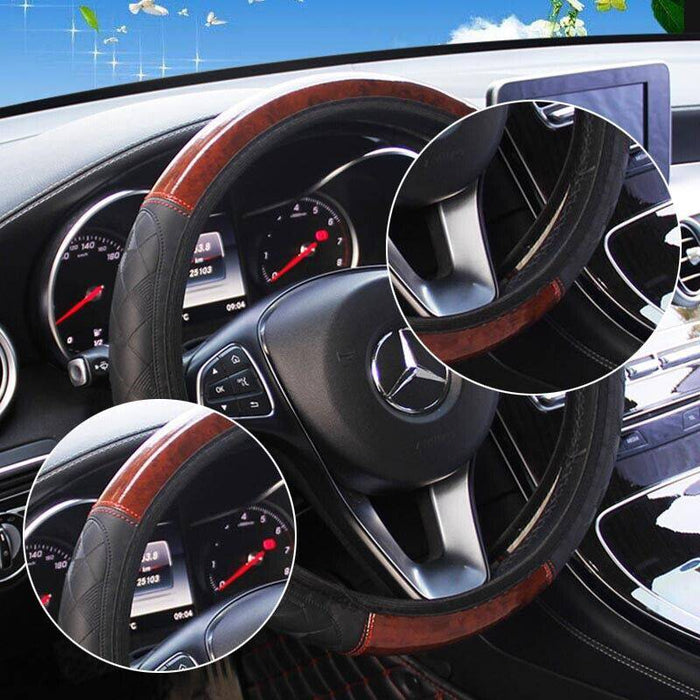 Car Steering Wheel Cover Mahogany Wood Pattern PU Leather Steering wheel CoverAU - Battery Mate