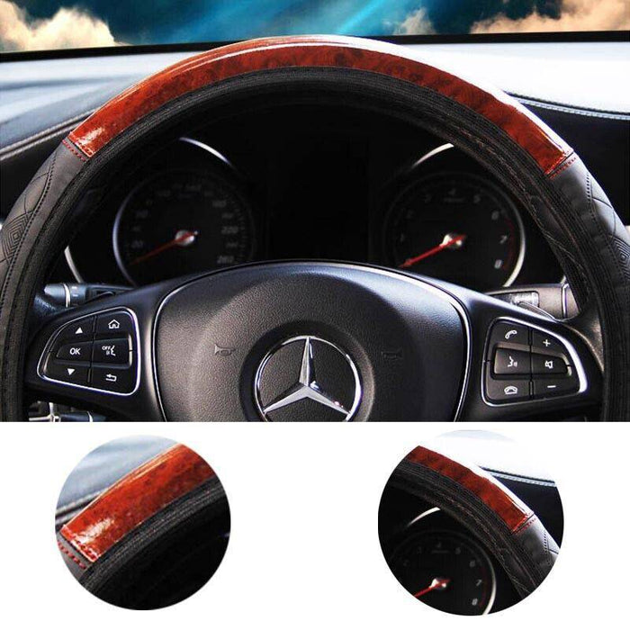 Car Steering Wheel Cover Mahogany Wood Pattern PU Leather Steering wheel CoverAU - Battery Mate