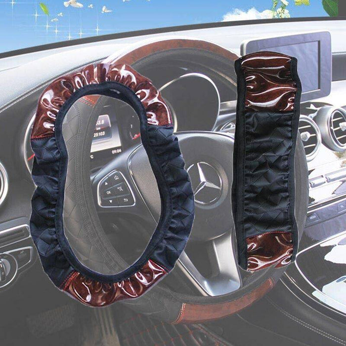 Car Steering Wheel Cover Mahogany Wood Pattern PU Leather Steering wheel CoverAU - Battery Mate