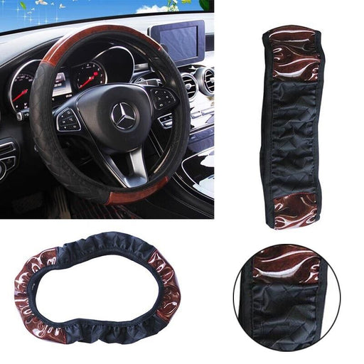 Car Steering Wheel Cover Mahogany Wood Pattern PU Leather Steering wheel CoverAU - Battery Mate