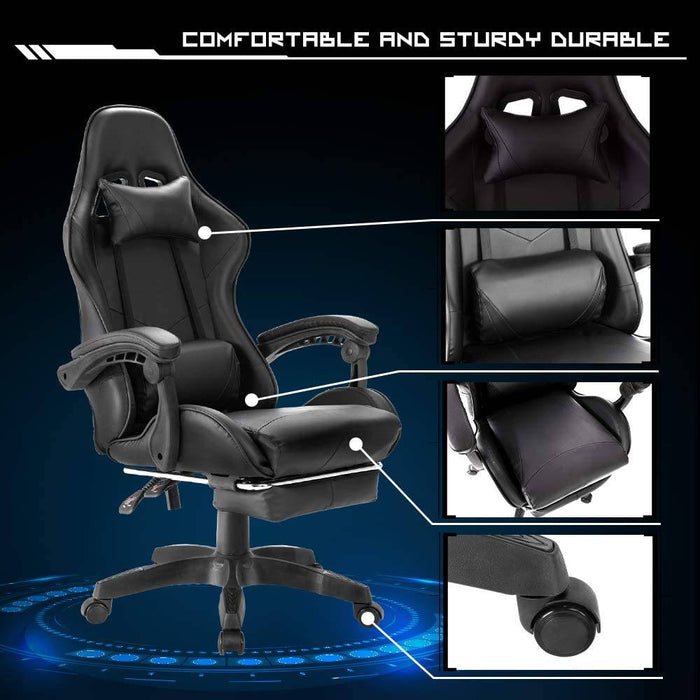 Ergonomic Massage LED Racing Chair , Reclining Swivel Heavy High Back Office PC Chair w/ Built-in Speaker-Black - Battery Mate