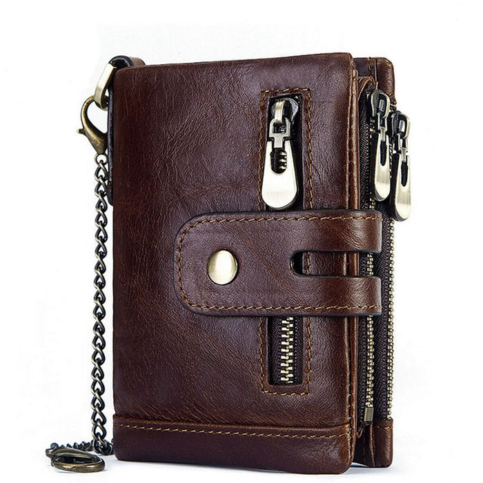 Men's RFID Blocking Wallet Leather Purse Card Slots Coins Holder Chain - Battery Mate