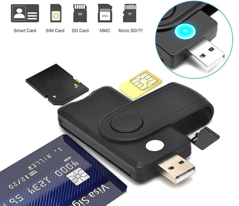 USB Smart Card Reader SD/TF/CAC/DOD/HC/MMC Micro SD Memory ID Bank Sim Card Adapter - Battery Mate