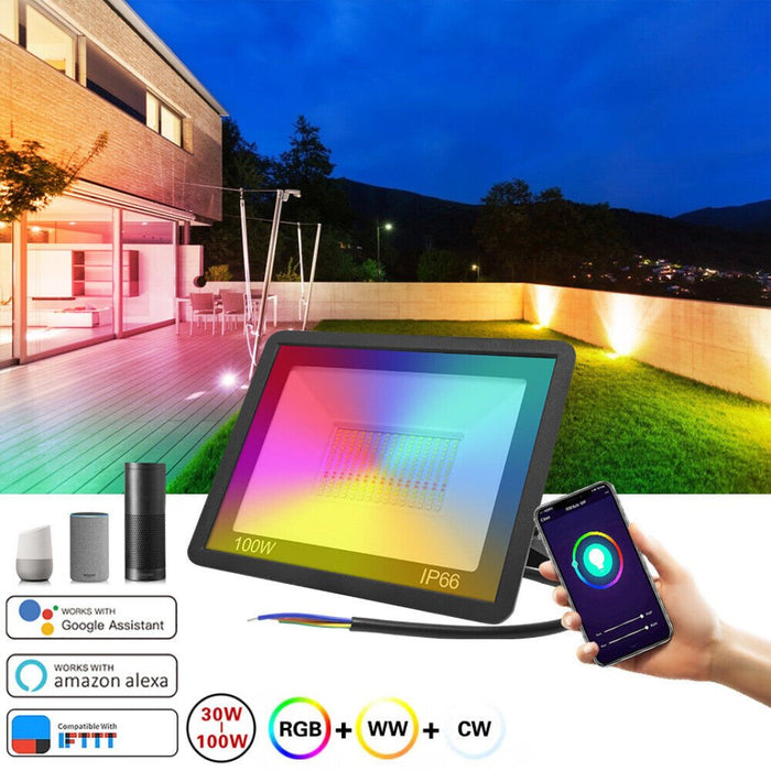 WIFI Smart LED Flood Light RGB Outdoor Spotlight Wall Street Lamp 100W - Battery Mate